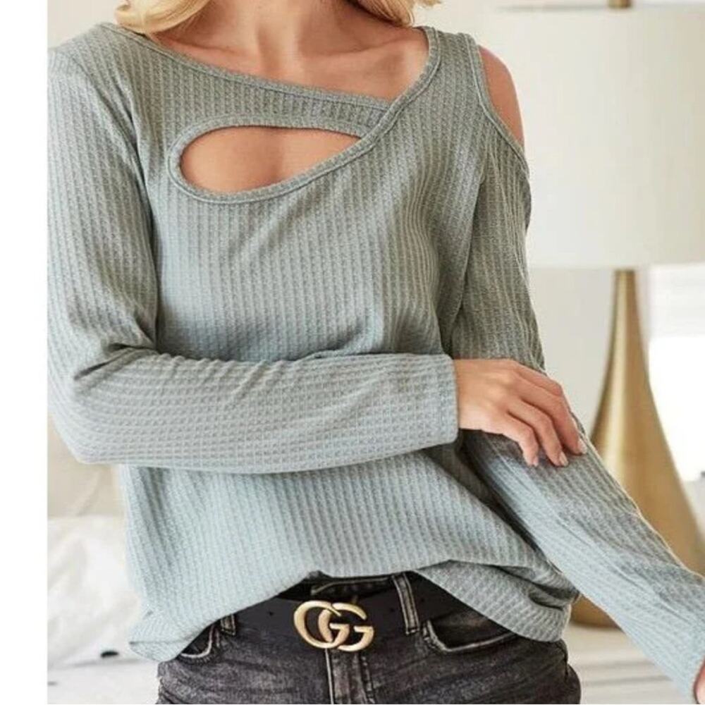 Cold Shoulder Waffle Thermal Top - Long Sleeve Sage | Small NWT